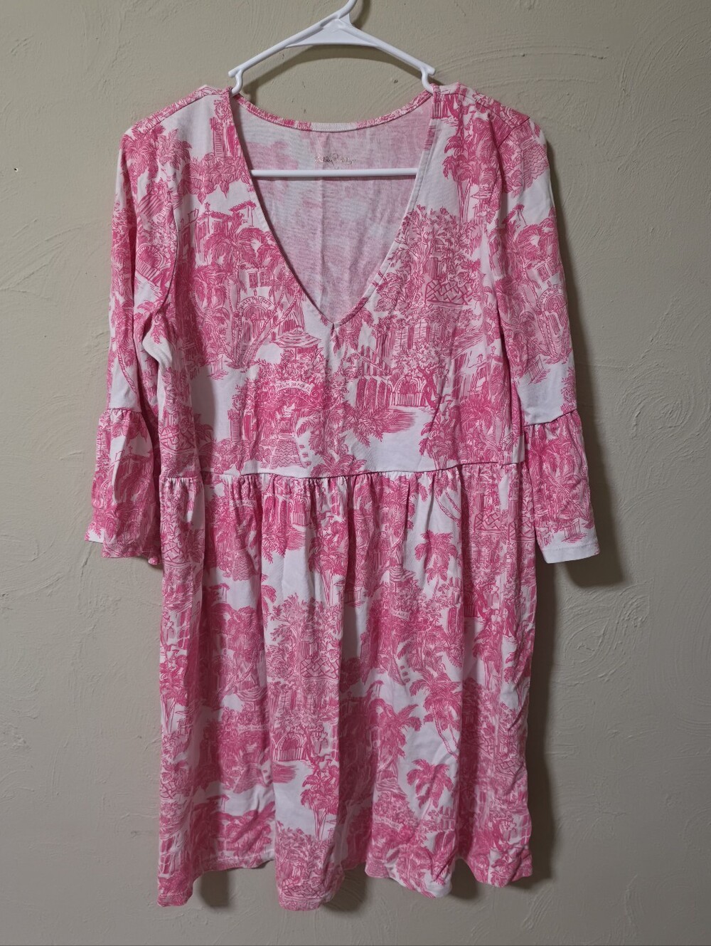 Lilly Pulitzer Jannie V-Neck white and pink anniversary toile Dress